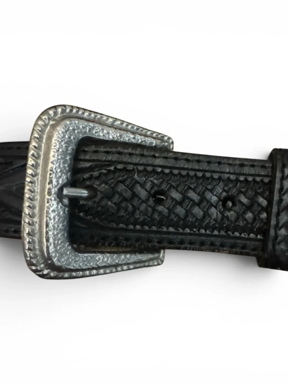 Kids Black Textured Leather Belt with Silver Colored Buckle & Stitched Design